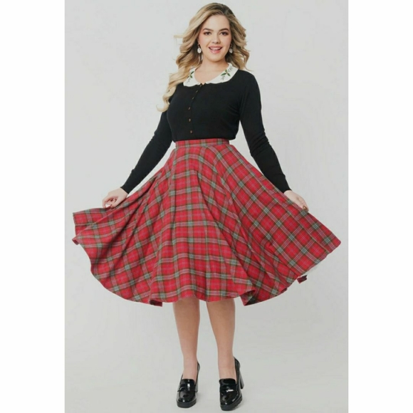 Unique Vintage Dresses & Skirts - Unique Vintage Magnolia Place Sally Swing Skirt Red Green Plaid Retro Flannel